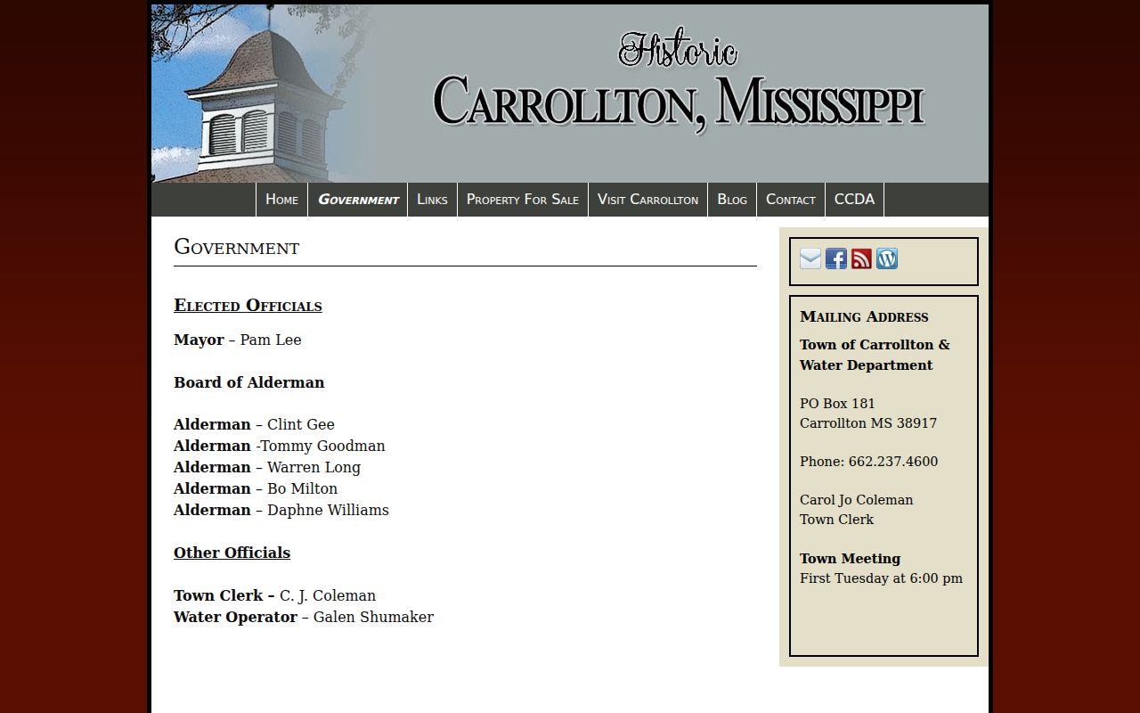 Carrollton town government page listing the clerk who routes warrant record questions
