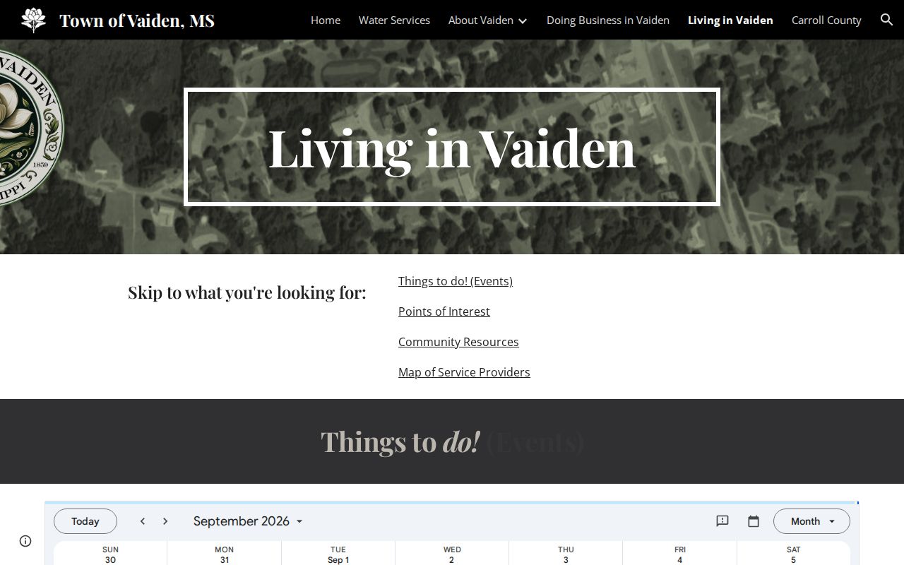 Official Vaiden town resource page checked for Carroll County warrant records
