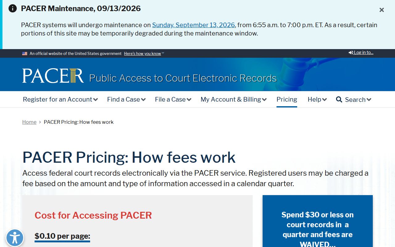PACER pricing page relevant to a Carroll County federal warrant records check