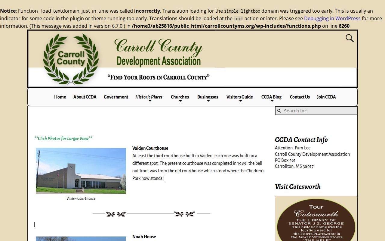 Vaiden courthouse page for Carroll County warrant and court records in the southern district